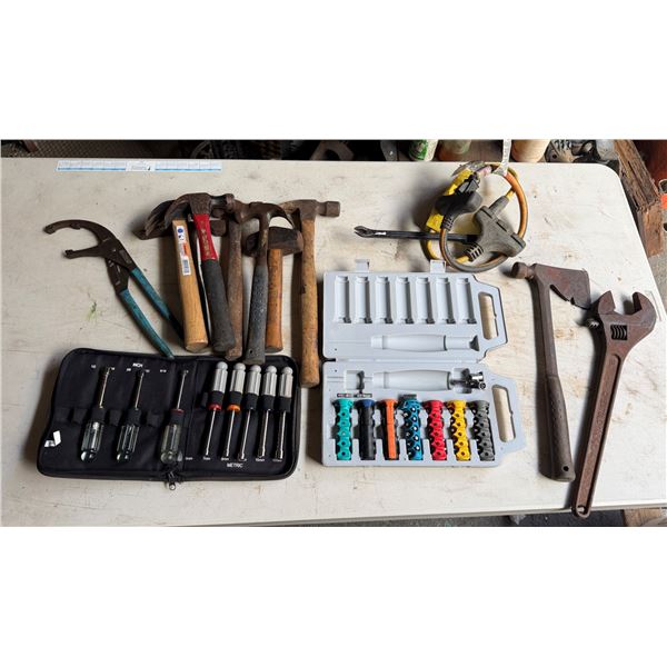 Multiple Hand Tools: Hammers, Screwdrivers, Axe, Wrenches, etc