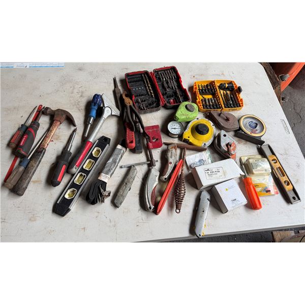 Multiple Hand Tools: Hammers, Screwdrivers, Level, Bits, Box Cutter Knives, etc