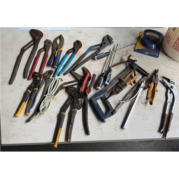 Multiple Hand Tools: Vise-Grips, Pliers, Channel Locks, Screwdrivers, Hacksaw, Tin Snips, etc