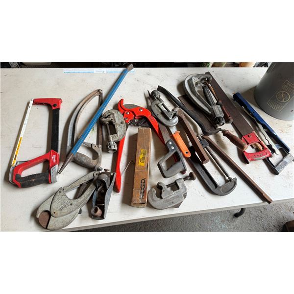 Multiple Hand Tools: Saws, Bolt Cutters, Pry Bar, Pipe Cutters, Clamps, etc