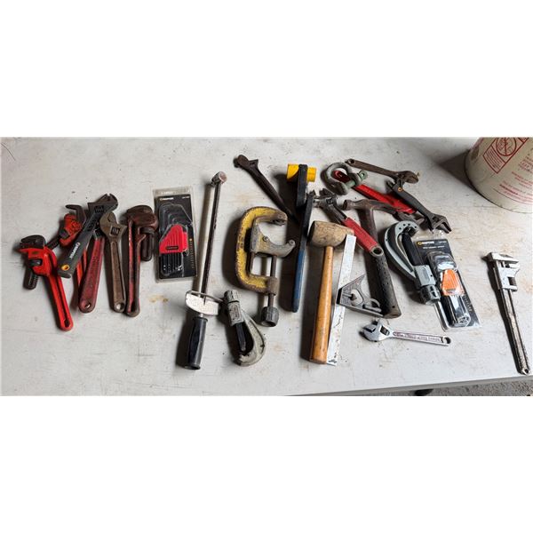 Multiple Hand Tools: Pipe Wrenches, Mallet, Pipe Cutter, Hex Key Set, Shackles, etc
