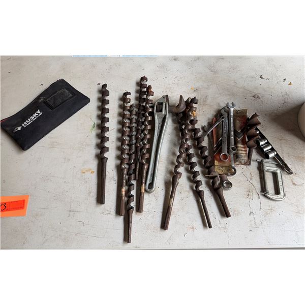 Multiple Hand Tools: Long Auger Bits, Wrenches, Clamps, Sockets, etc
