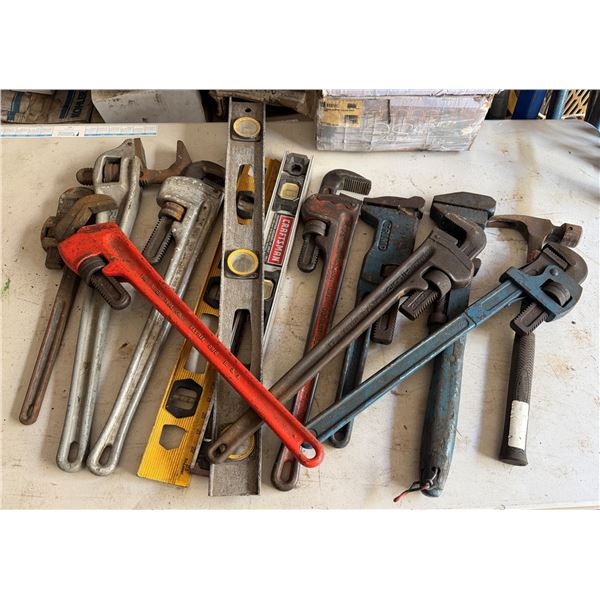 Multiple Pipe Wrenches, Levels, Hammer, etc, Misc Sizes
