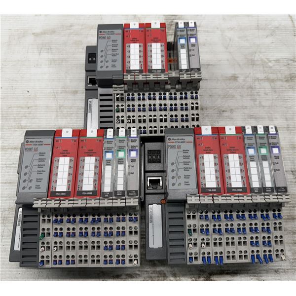 (3) Allen Bradley #1734-AENT Adapters w/#1734-IB8S/#1734-OB8S/#1734-IB8/#1734-OB8E/#1734-232ASC
