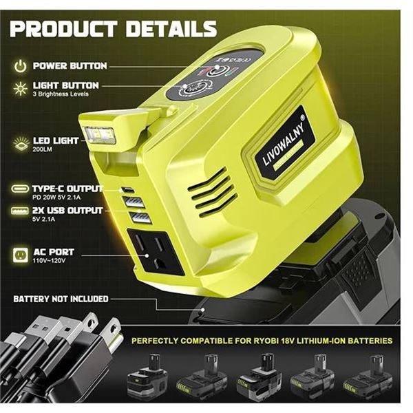 2 Pack Power ILIVOWALNY 200W Power Inverter for Ryobi 18V Battery, DC 18V to AC 110-120V Battery Inv