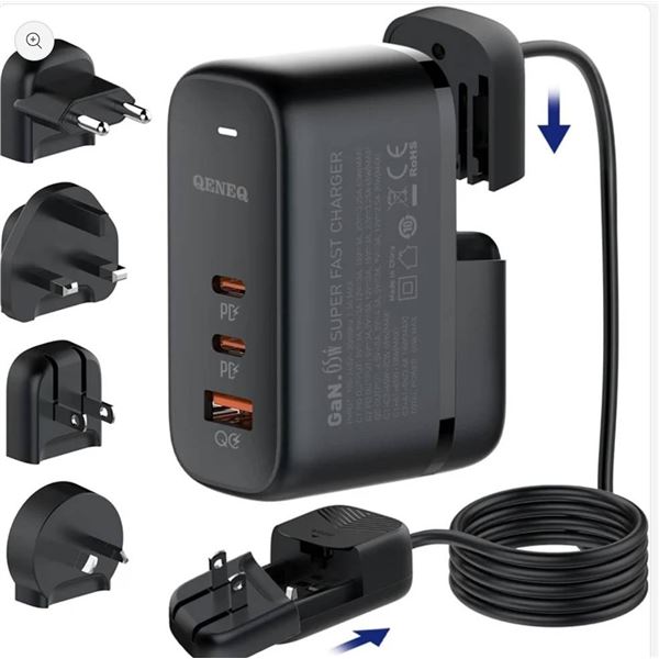 QENEQ 65W Travel Charger Three-Port with Plugs