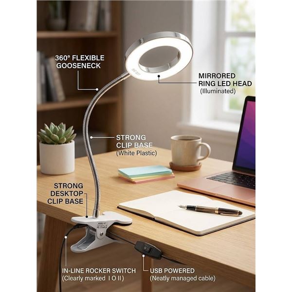 LED USB Desk Lamp with Ring Light and Clamp