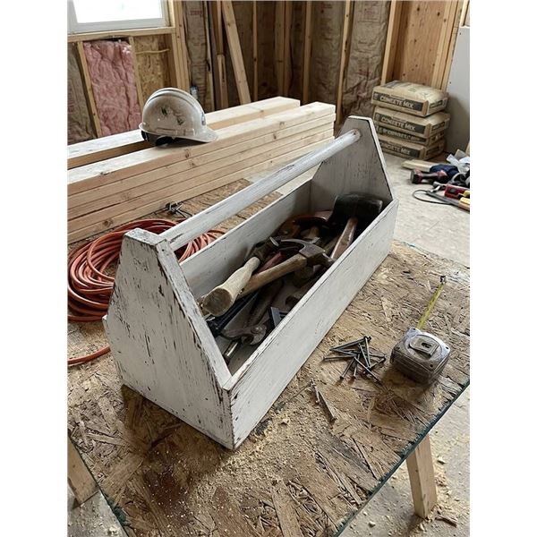 Wooden Toolbox With Assorted Hand Tools 29.75in