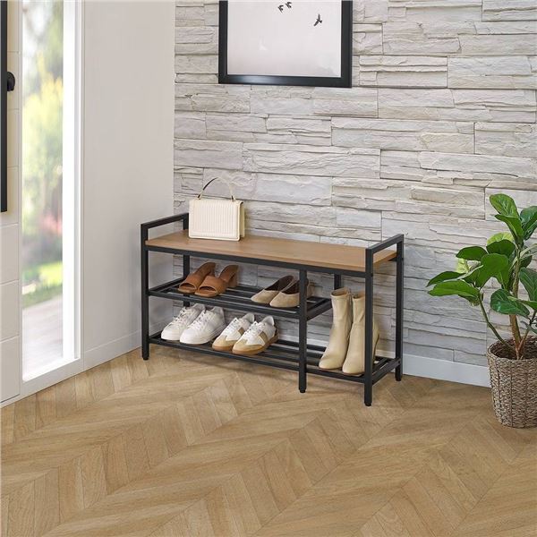 Metal and Wood Two-Tier Shoe Storage Bench