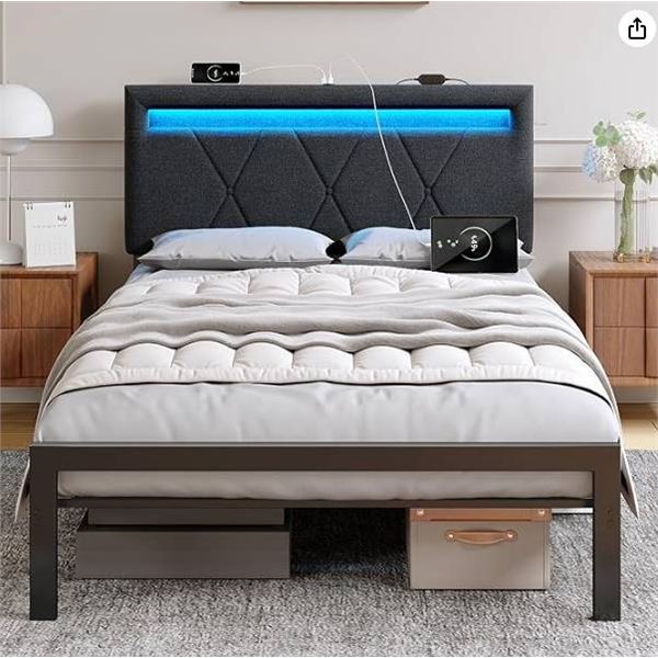 ROCHECASA Twin Bed Frame with Charging Station and LED Lights, Dark Grey