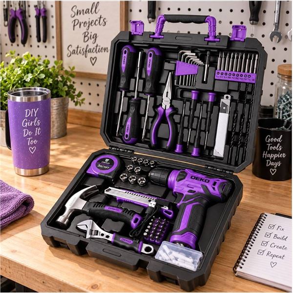DEKOPRO Tool Set: Tool Kit with 8V Cordless Drill, Hand Toolbox with Storage case, Tool Set for Home