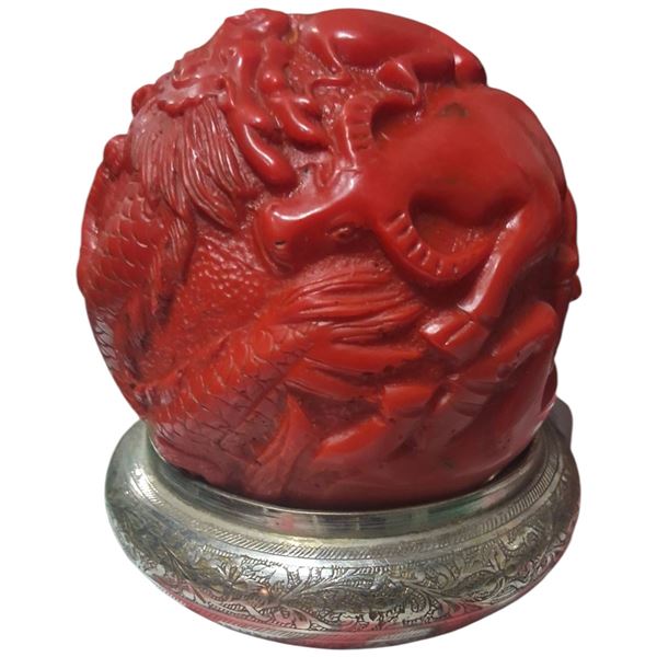 Vintage Asian carved cinnabar lacquer zodiac ball on metal stand 4" tall