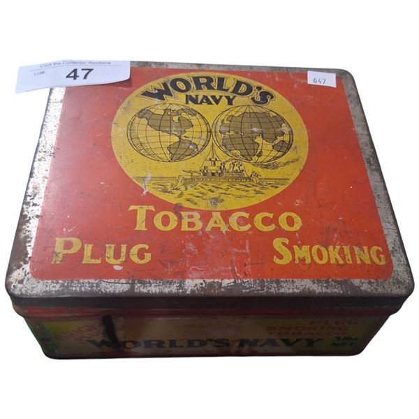 1930s Worlds Navy Tobacco Tin, 7"x6.5"x3"