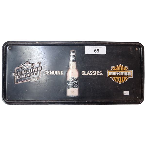 Vintage Miller genuine draft and Harley Davidson tin sign 18''x8"