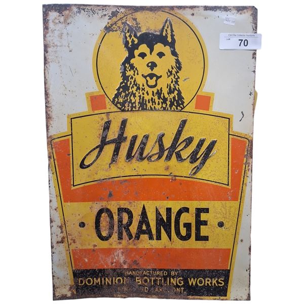 Very rare Huskey Orange from Dominion Botteling Works, great graphics tin sign, 19"x13"