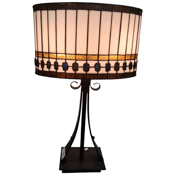 Beautiful steam punk lamp with stained glass shade, very heavy iron, 23"