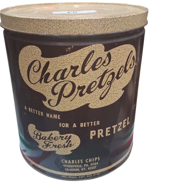1950s Charles Pretzels large can 9"