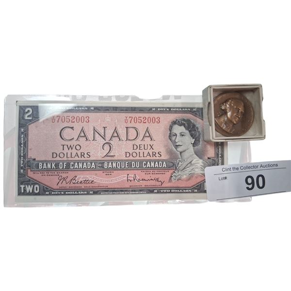 Vintage Canada 2 dollar bill & George Washington coin