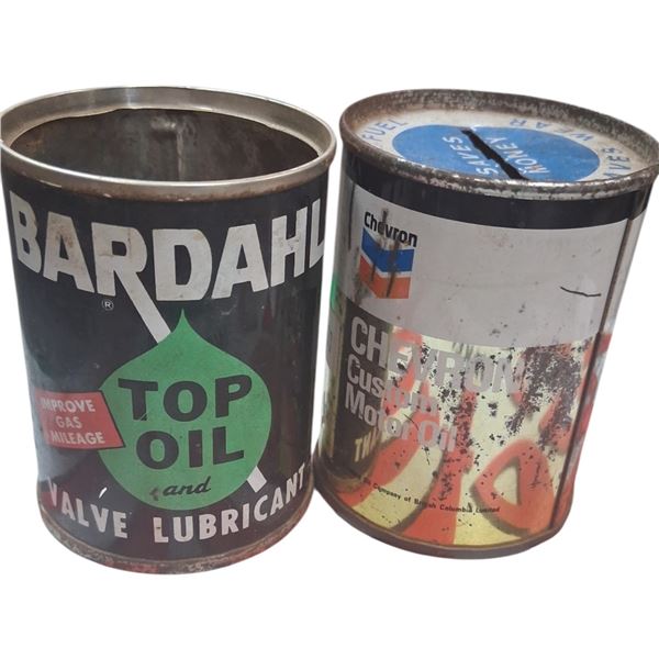 Vintage Chevron coin bank & 4 oz Bardahl top oil can