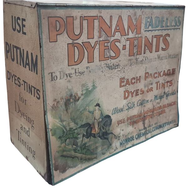 1940s Putnam Dyes-Tint store display metal cabinet, 19"x15" beautiful graphics