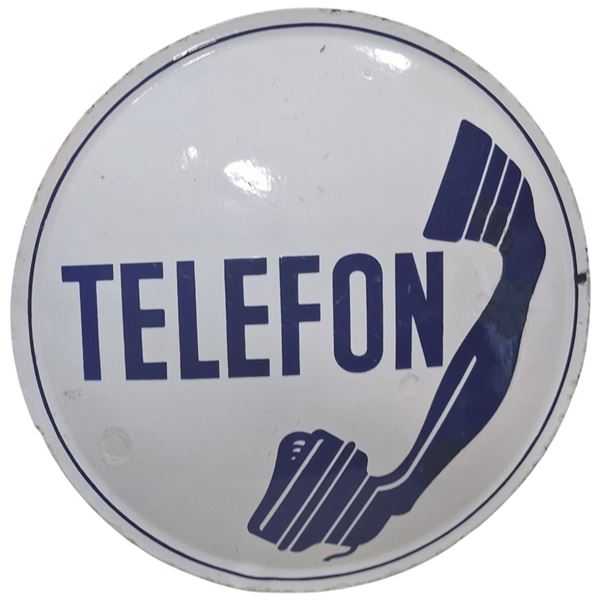 Vintage convex metal flange "Telefon" German phone sign  23"x18"