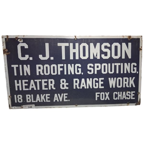 Beautiful vintage early 20th century porcelain sign, CJ Thomson 30"x16"
