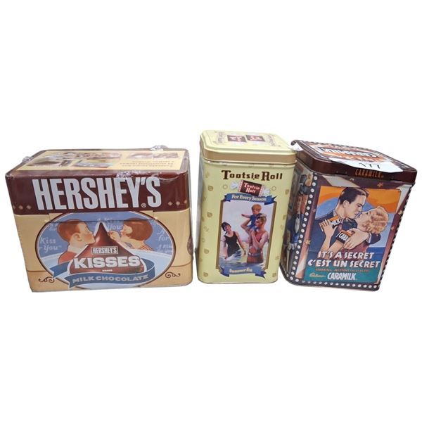 3 Hershy's Caramilk and Tootsie Roll cans, Hershy's is unopened