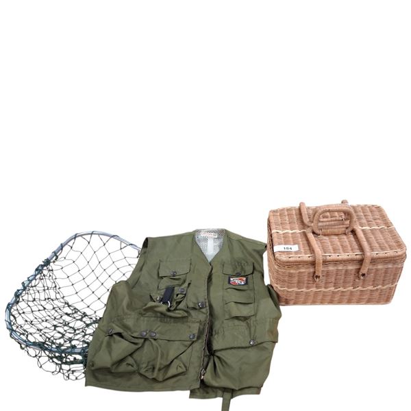 Fishing lot inc net, vest & picnic basket