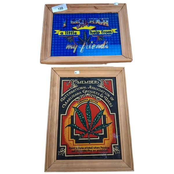 2 70s style marajuana framed signs 15"x12"
