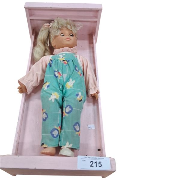 Vintage doll and doll bed, bed is 19"