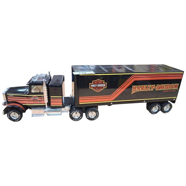 Nice pressed steel Nylint Harley Davidson semi truck and trailer combo, 25" overall