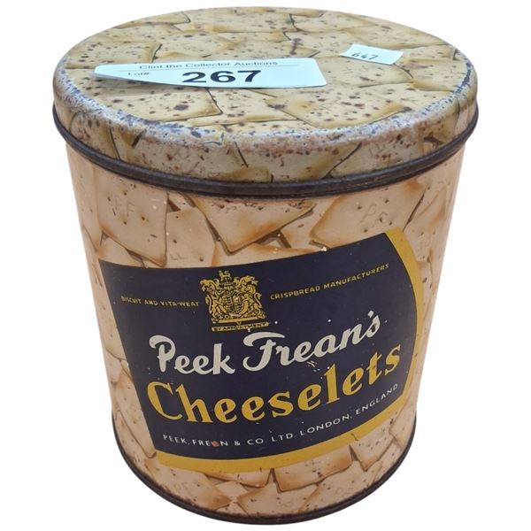 1940s Peek Frean's Cheeselets can, nice graphics, 6" tall