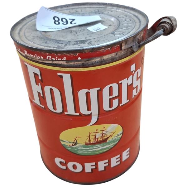1950s Folgers coffee 2 lb can, nice graphics, 6.5"