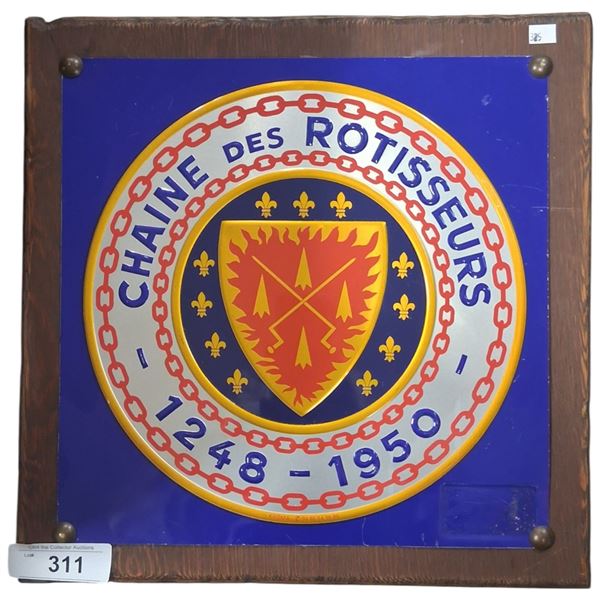Vintage metal sign 50s mounted on wood, 15"x15"