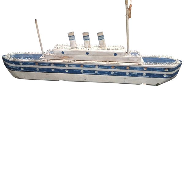 Lovely folk art hand made wooden cruise ship model on stand, from Nevada 23"