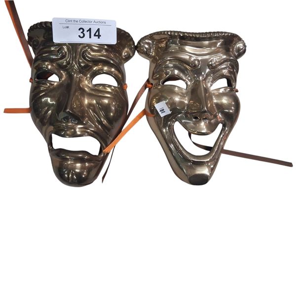 Pair of vintage brass theatre theme masks 7" ea