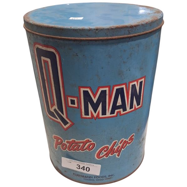 Hard to find Q-Man Potato Chips large can 10", from Toledo Ohio