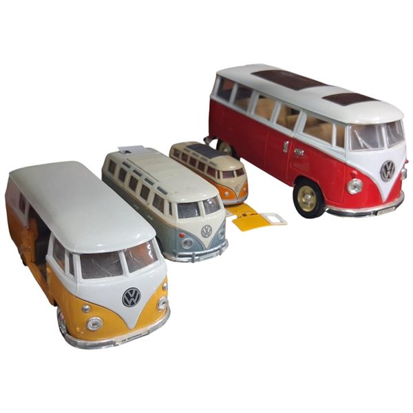 4 vintage die cast VW vehicles, largest 6" & tin sign, 11"x8"
