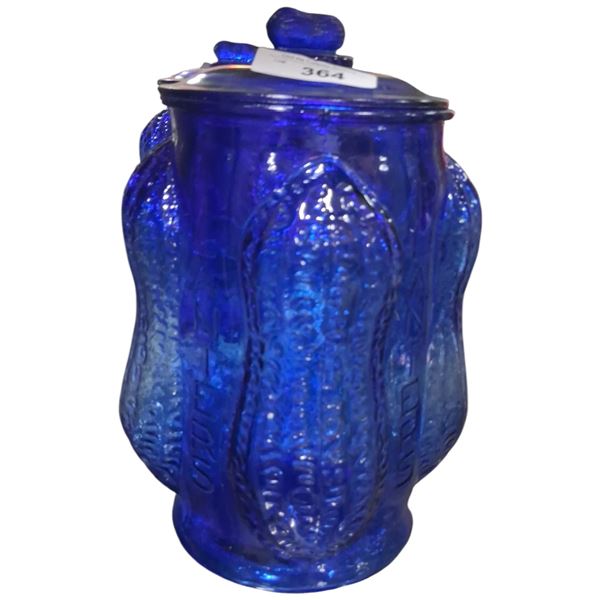 Vintage blue glass Planter's Peanuts jar 14" tall