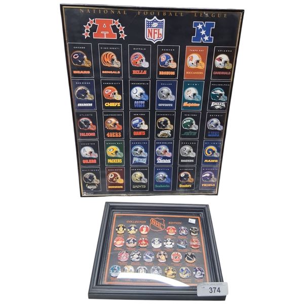 NHL collector edition framed pin set and NFL helmet poster, poster is 20"x16"