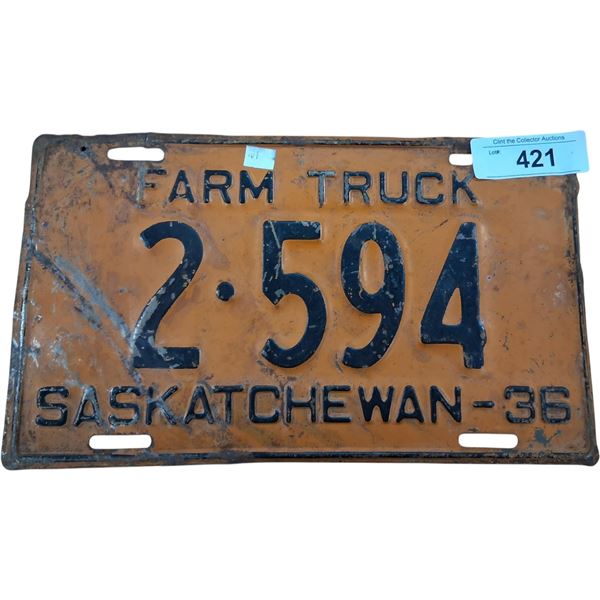 Vintage 1936 Saskatchewan farm truck plate