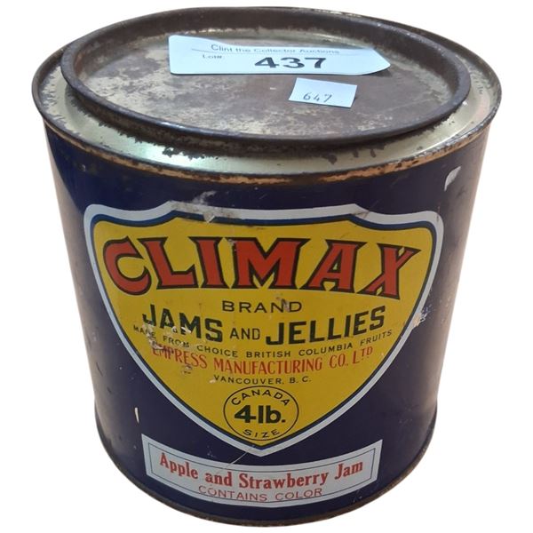Vintage Climax Jam 4 lb can, Vancouver BC