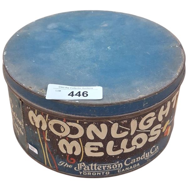 1940s large Moonlight Mellows Candy Co tin 10" dia
