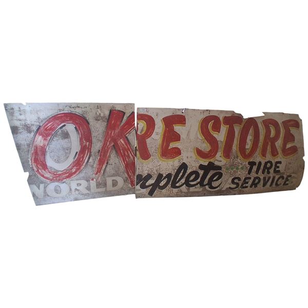 Pieces of giant wooden OK Tire sign, biggest is 96"x46"