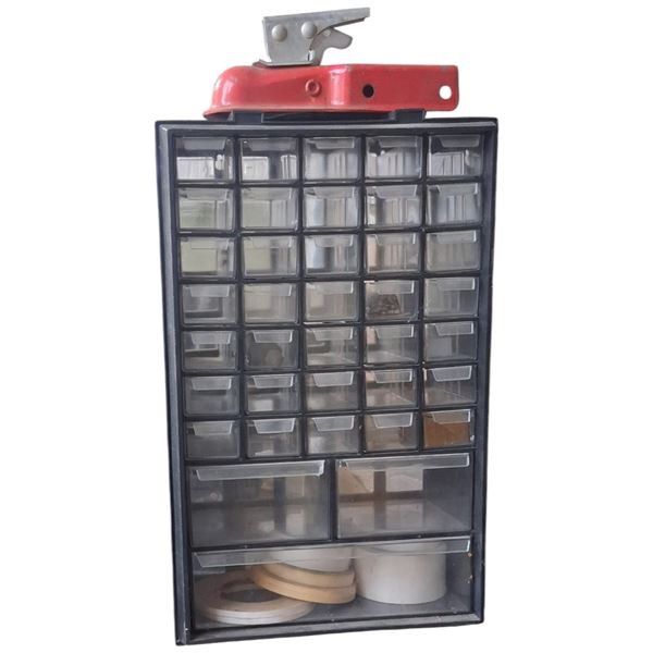 Vintage parts cabinet and pieces 20"x12"x7"