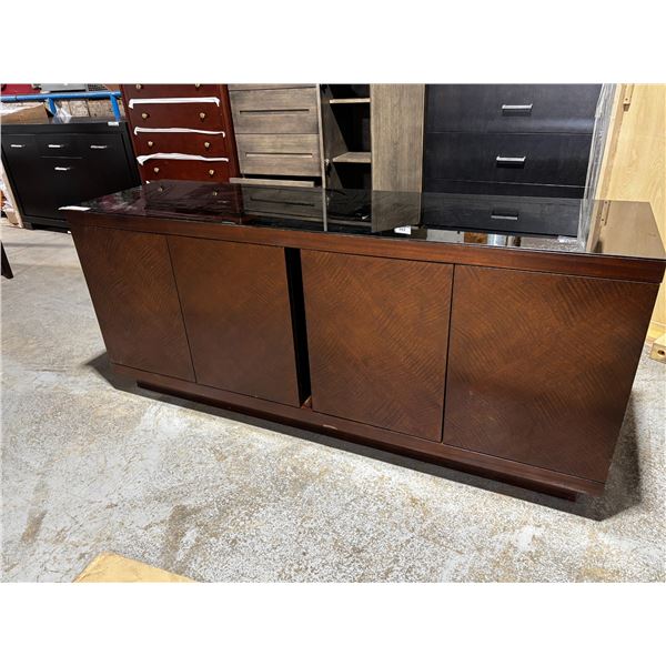 4 DOOR CABINET -BROWN WOOD WITH GLASS TOP 72"x20"x31"