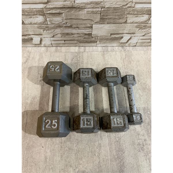 Lot Of 4 Metal Dumbells - 2 15 LBS - 1 25 LBS - 1 5 LBS