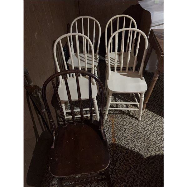 Five Wooden Spindle Back Chairs, Four White, One Brown