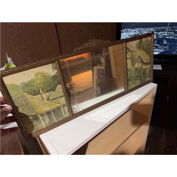 Framed Mirror With Two Country Cottage Prints, 24" x 9"