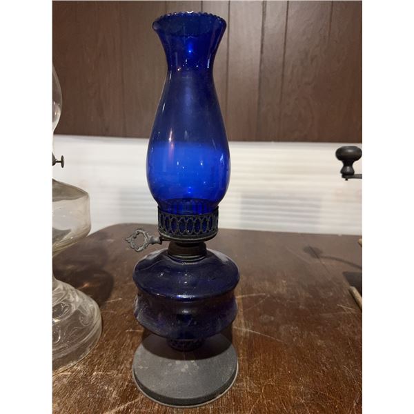 Cobalt Blue Glass Oil Lamp with Metal Burner, 11 Inches Tall